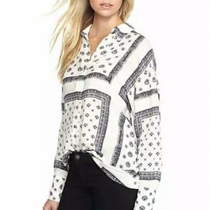 FREE PEOPLE Voile Little Secrets Button Down White Black Top EUC sz M
